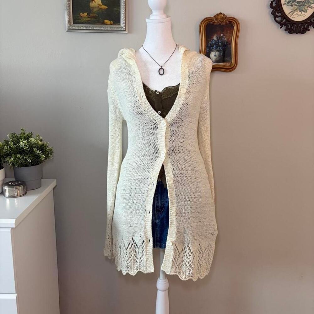 Y2K BCBGMAXAZRIA Cream Hooded Open-Knit Cardigan